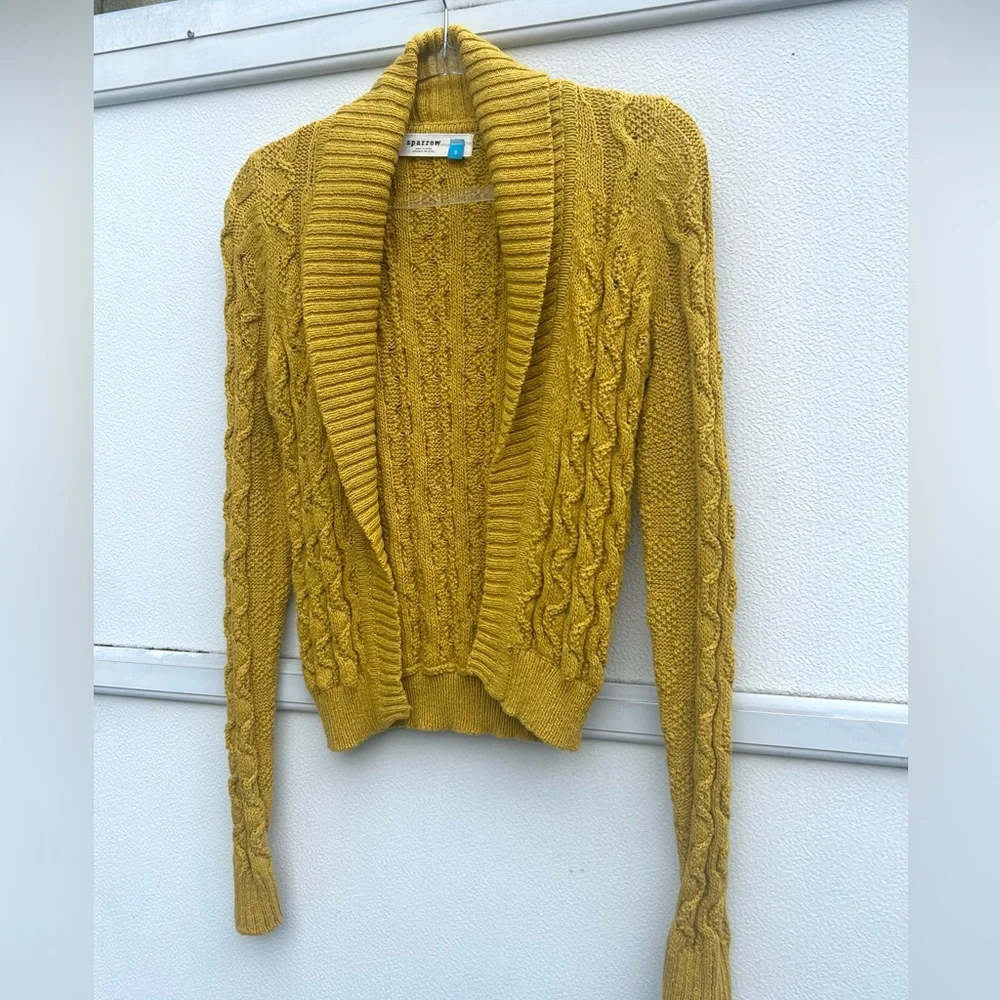 Anthropologie Sparrow Cardigan Sweater Cable Knit Yellow Open Women S Fisherman - Picture 2 of 9